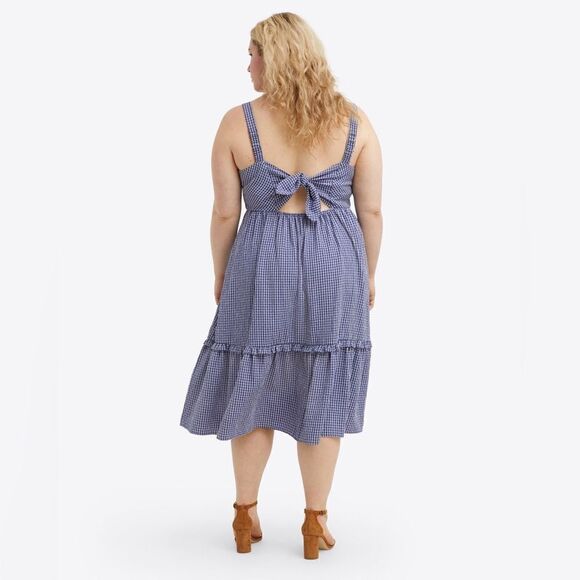 Draper James Martie Tie Back Dress in Navy Blue Gingham Seersucker Size 14 - Picture 2 of 7